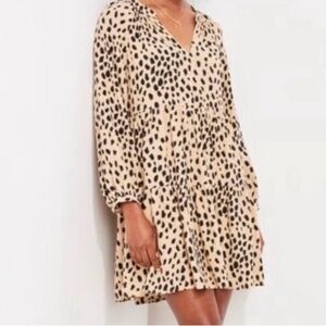 Vineyard Vines 100% Viscose Leopard Print Tiered Black and Tan Long Sleeve Dress